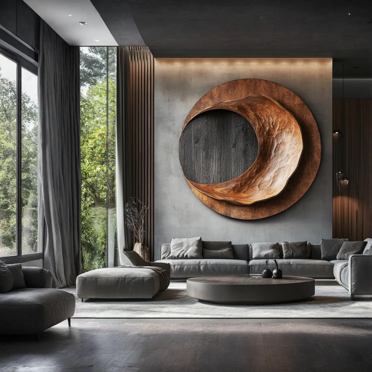 Modern Solid Wood Circular Wall Sculpture with Recessed Carving for Living Rooms