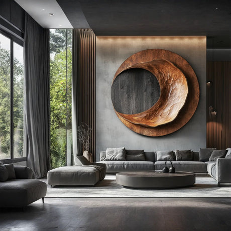 Modern Solid Wood Circular Wall Sculpture with Recessed Carving for Living Rooms