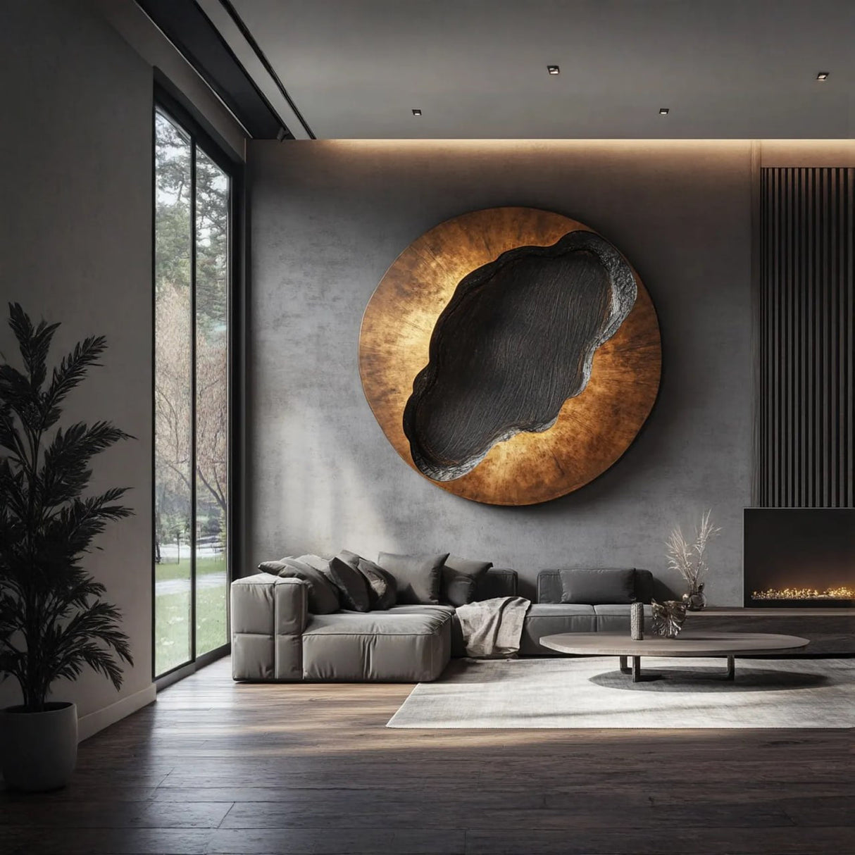 Organic Solid Wood Circular Wall Sculpture with Recessed Carving for Living Rooms