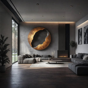 Organic Solid Wood Circular Wall Sculpture with Recessed Carving for Living Rooms