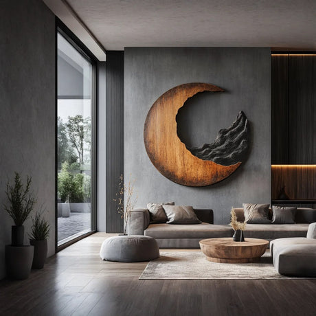 Contemporary Solid Wood Crescent Wall Sculpture with Layered Carving for Living Rooms