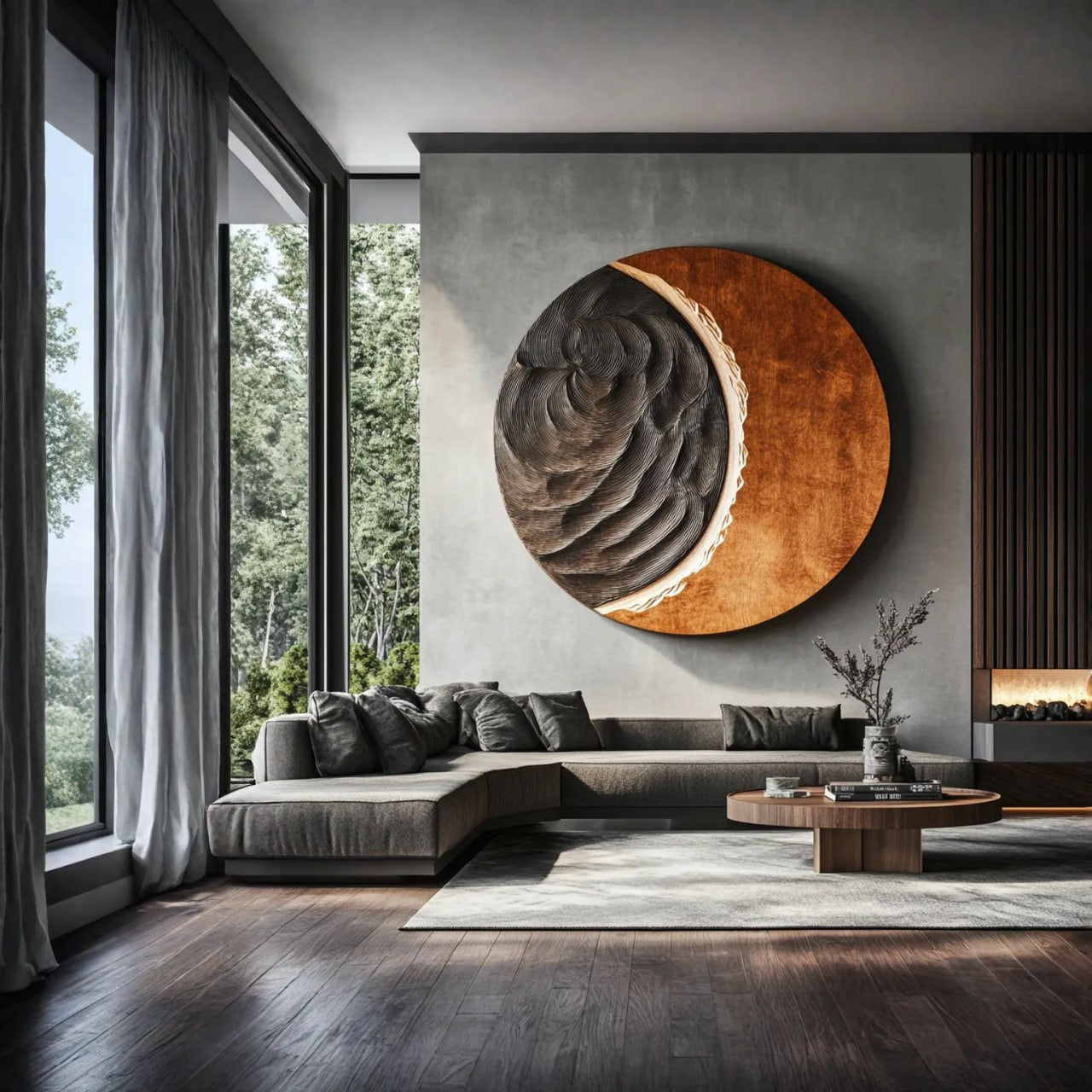 Contemporary Solid Wood Round Wall Sculpture for Living Room