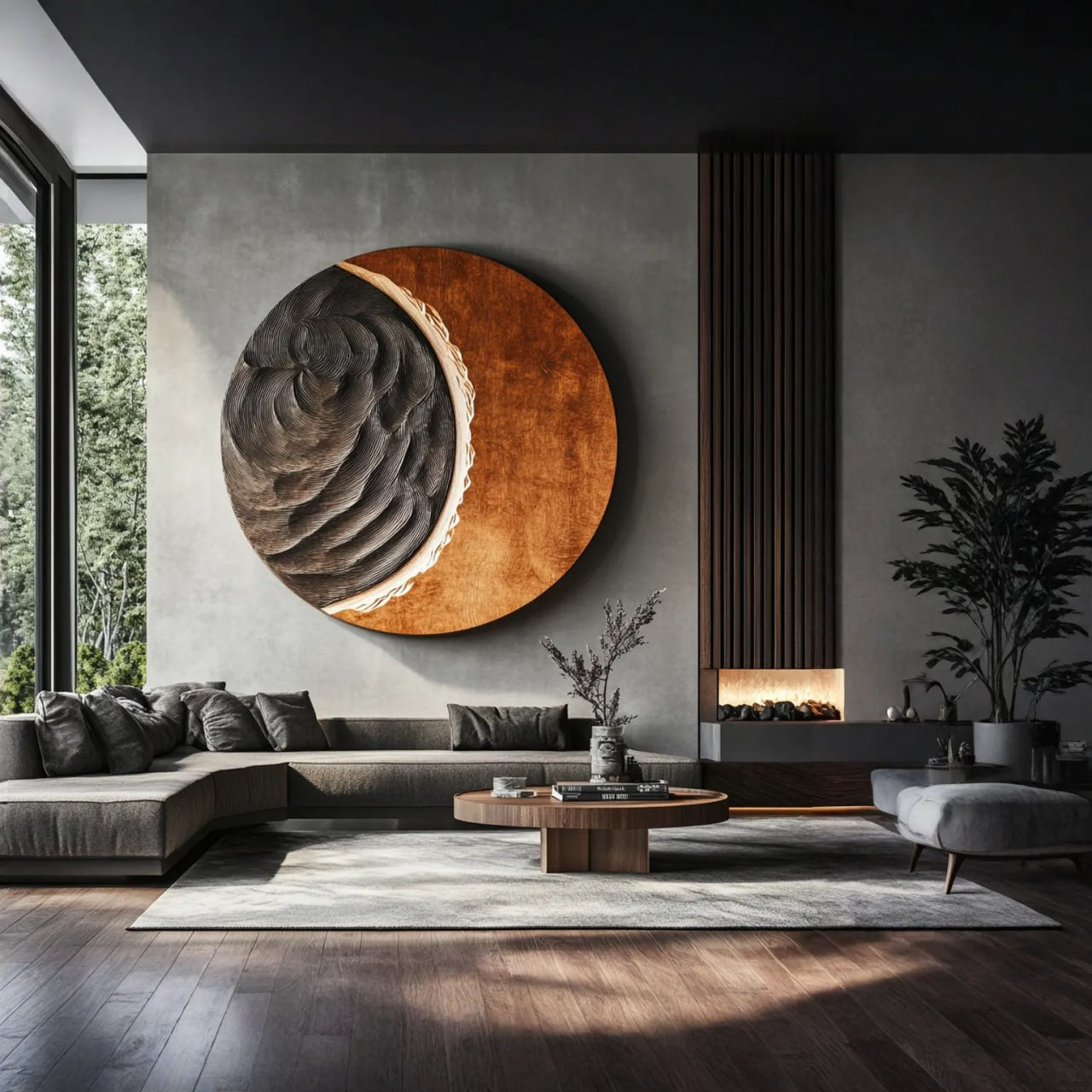 Contemporary Solid Wood Round Wall Sculpture for Living Room