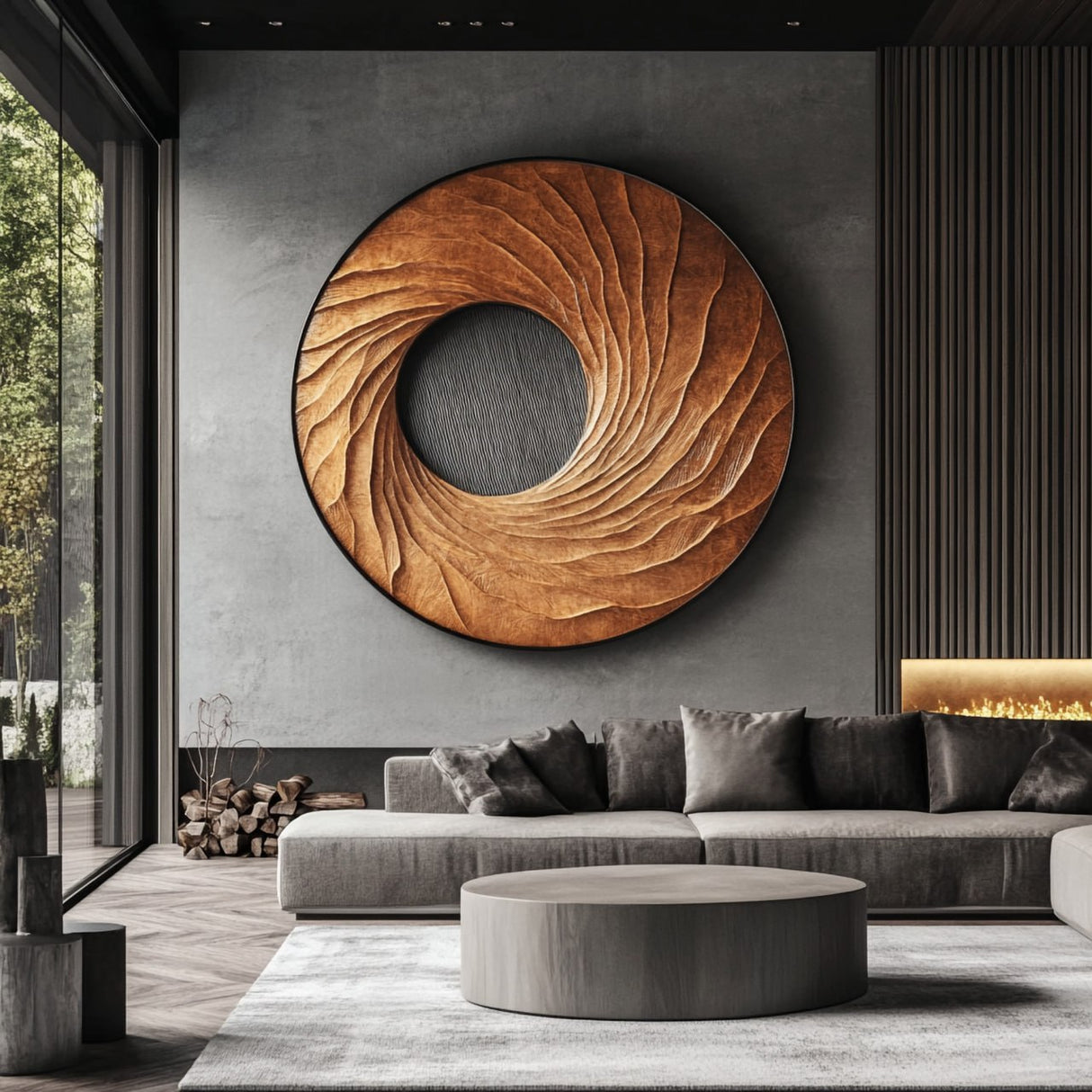 Contemporary Solid Wood Round Wall Sculpture for Living Room Feature Display