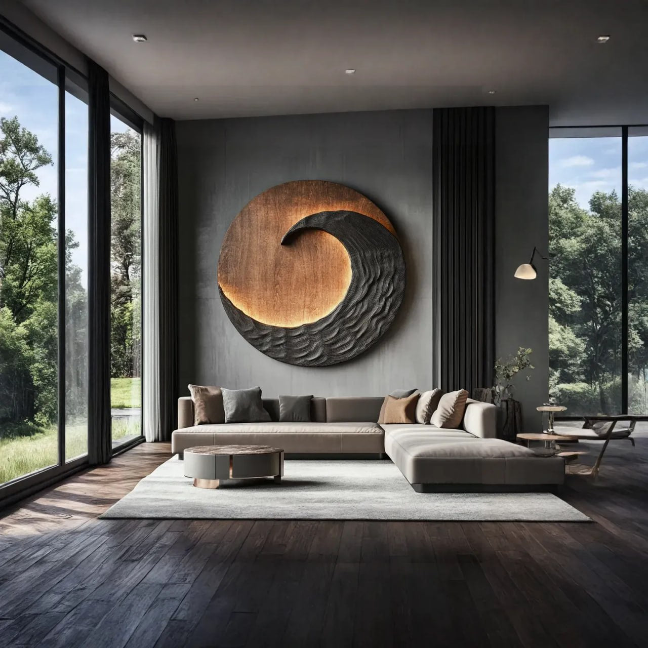 Contemporary Solid Wood Circular Wall Sculpture for Living Room Feature Display