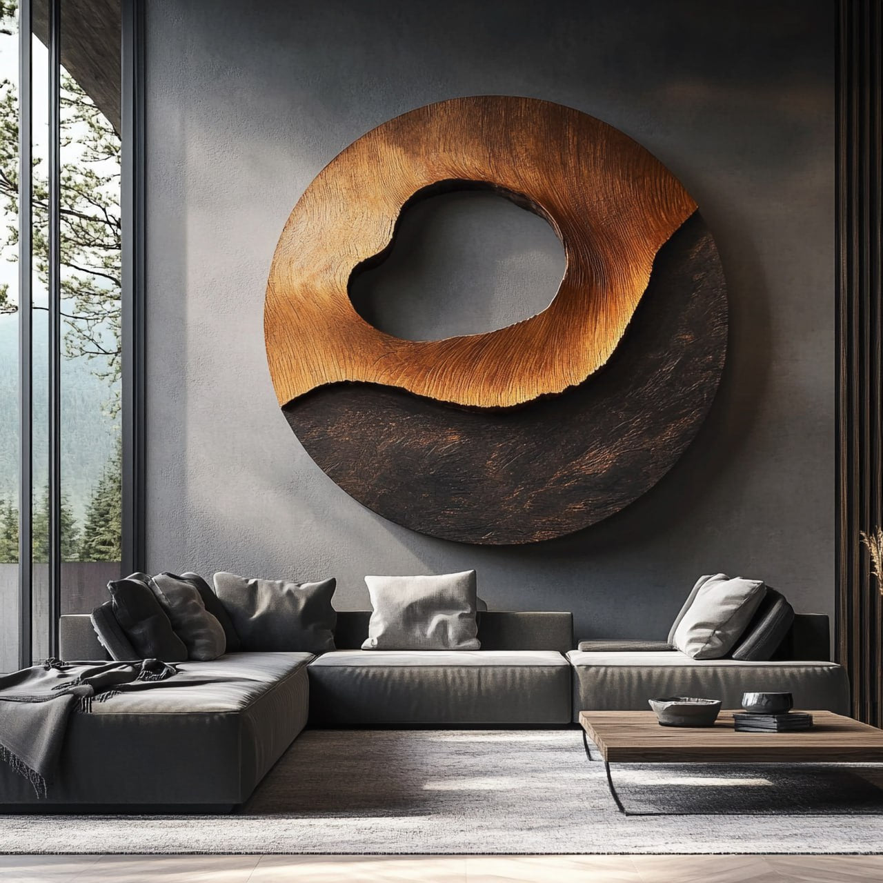 Contemporary Solid Wood Circular Wall Sculpture for Interior Spaces