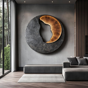 Solid Wood Wall Sculpture with Dark Textured Relief for Living Room Interiors