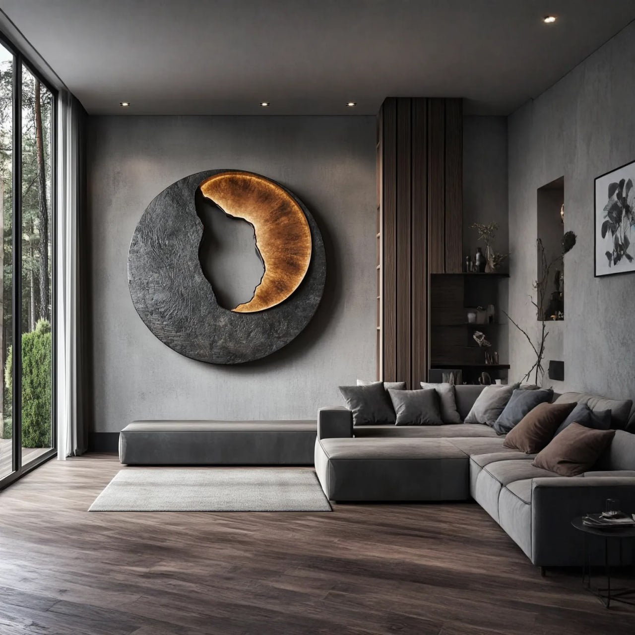 Solid Wood Wall Sculpture with Dark Textured Relief for Living Room Interiors