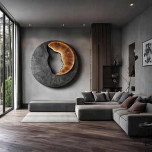Solid Wood Wall Sculpture with Dark Textured Relief for Living Room Interiors