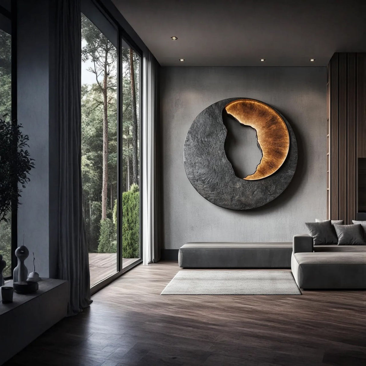 Solid Wood Wall Sculpture with Dark Textured Relief for Living Room Interiors