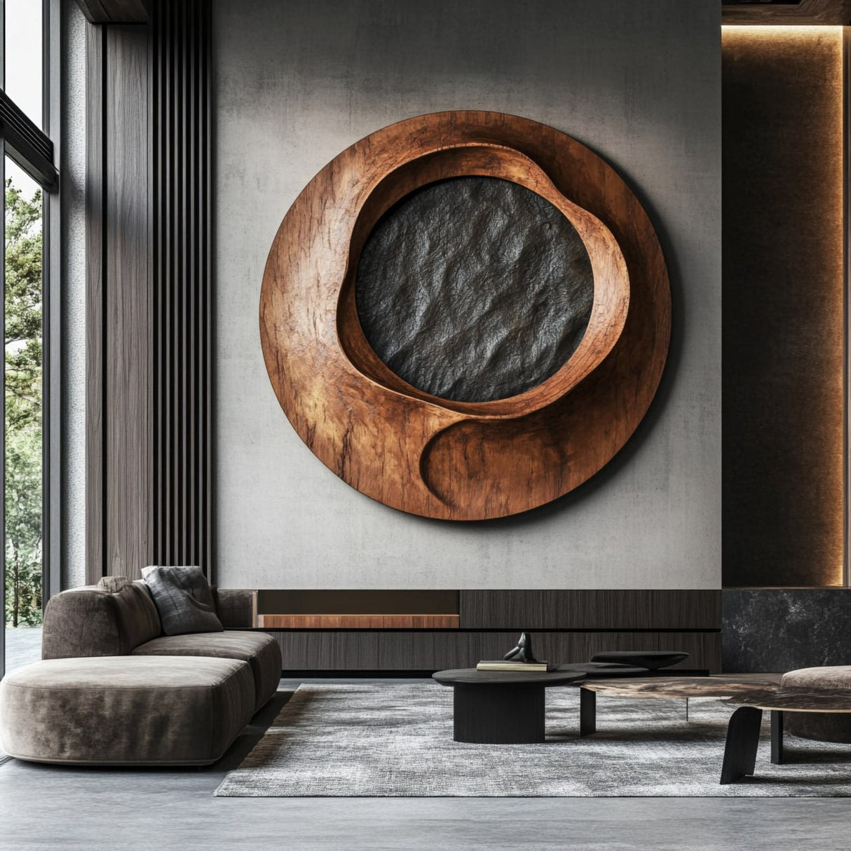 Contemporary Solid Wood Round Wall Sculpture for Interior Decor