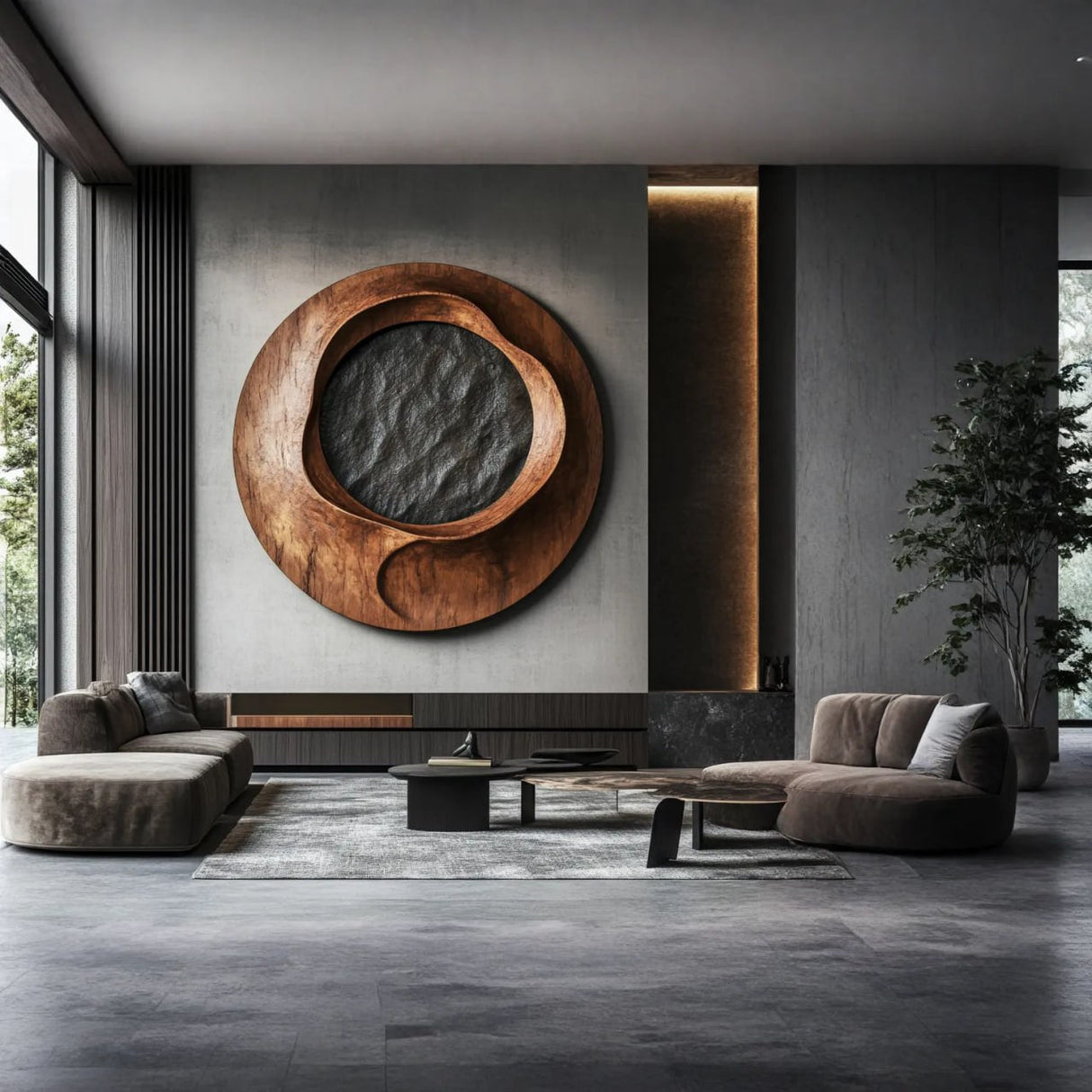 Contemporary Solid Wood Round Wall Sculpture for Interior Decor