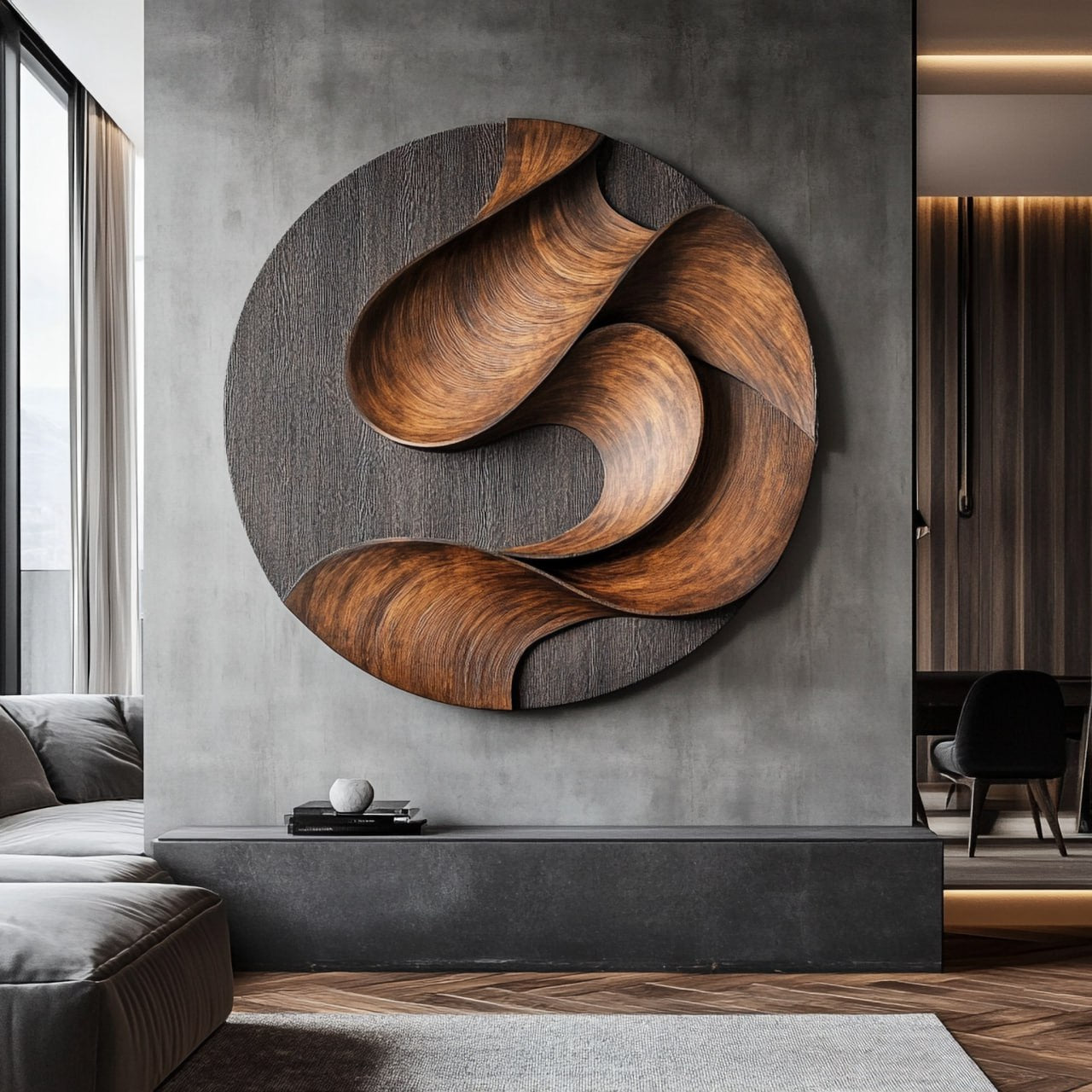 Contemporary Curved Solid Wood Wall Sculpture for Interior Design
