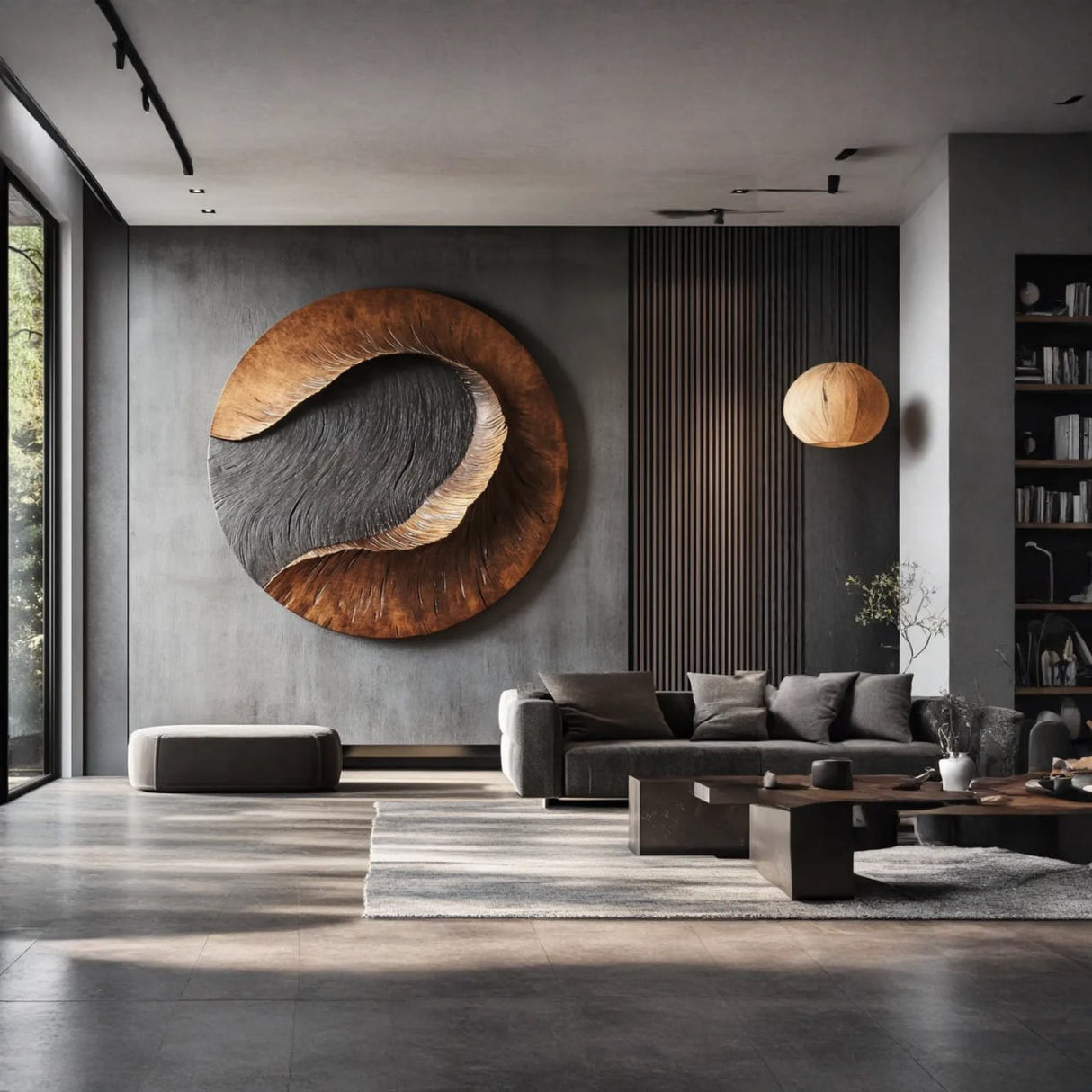 Modern Round Solid Wood Carving Wall Sculpture for Living Room Interiors