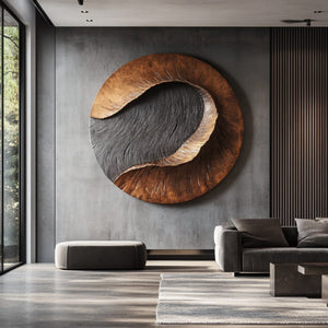 Modern Round Solid Wood Carving Wall Sculpture for Living Room Interiors