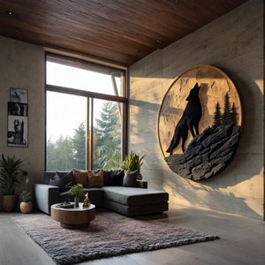 Contemporary Round Solid Wood Wolf Wall Sculpture for Living Room Interiors