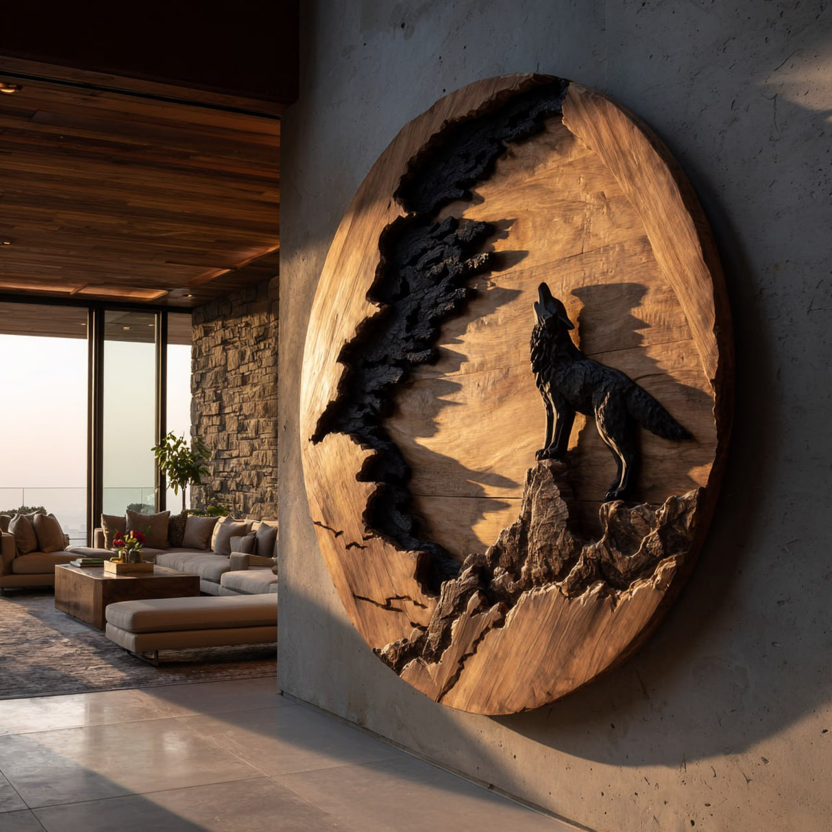 Modern Round Solid Wood Wolf Wall Art for Living Room Interiors
