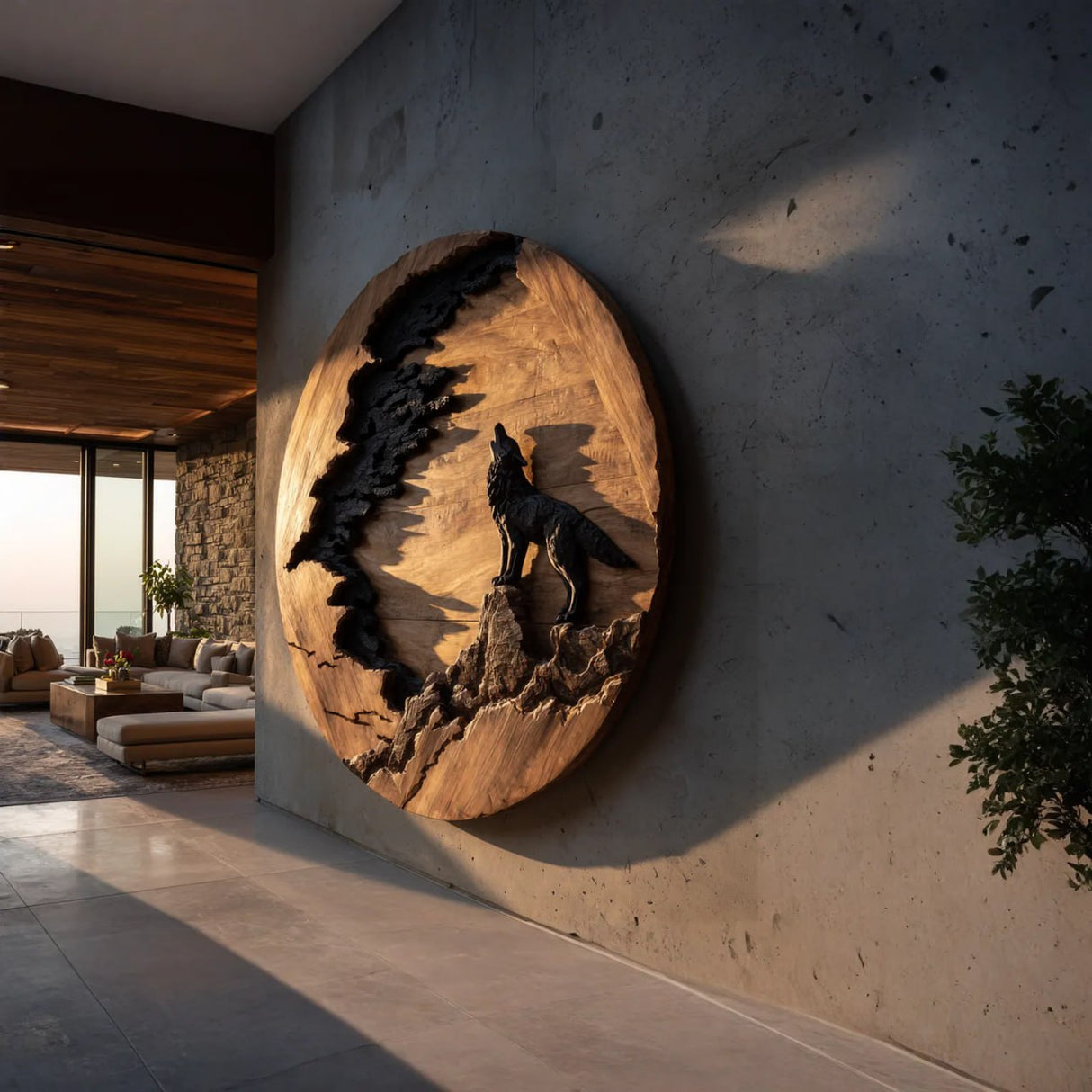 Modern Round Solid Wood Wolf Wall Art for Living Room Interiors