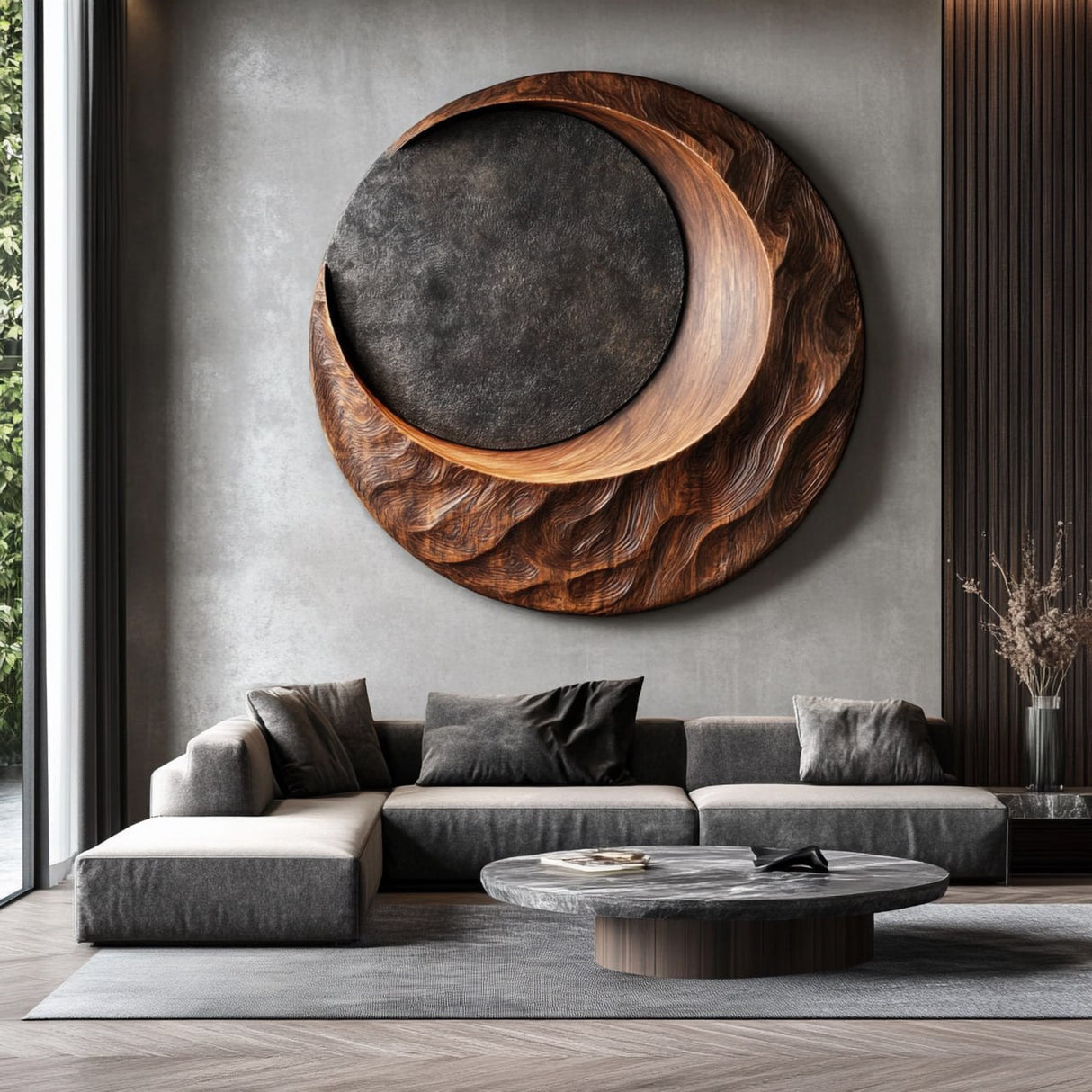 Contemporary Round Solid Wood Art Sculpture for Interior Decor