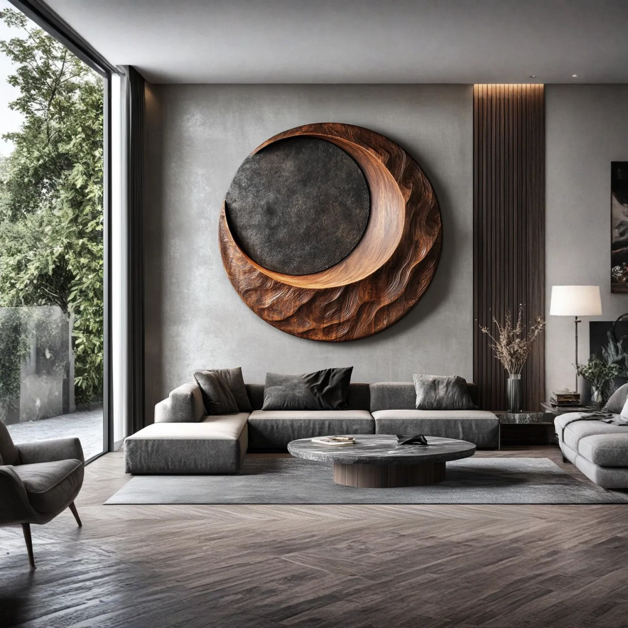 Contemporary Round Solid Wood Art Sculpture for Interior Decor