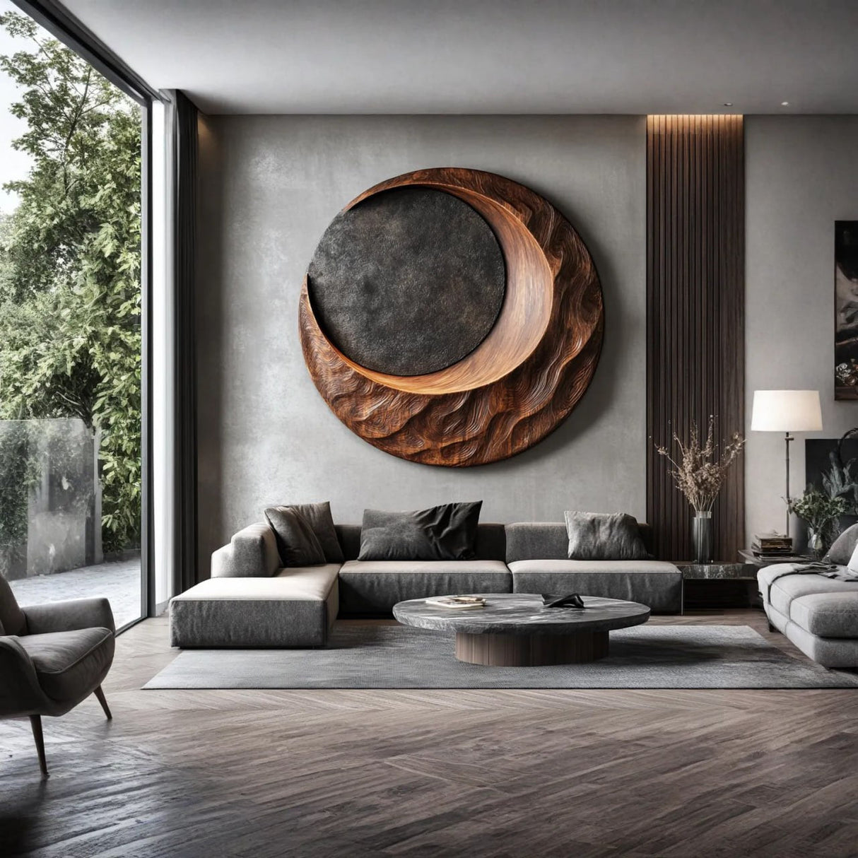 Contemporary Round Solid Wood Art Sculpture for Interior Decor