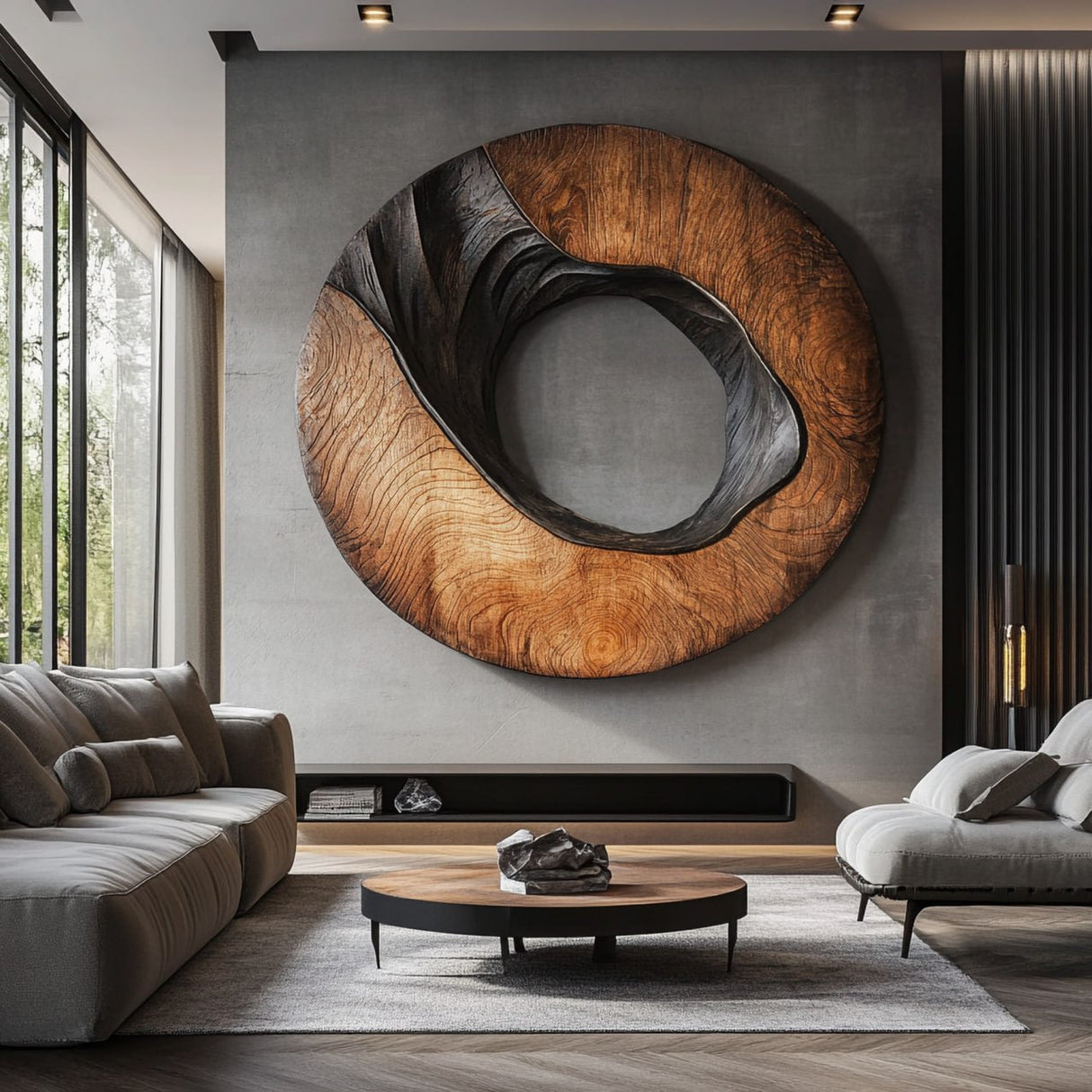 Modern Organic Circular Solid Wood Wall Sculpture for Interior Decor