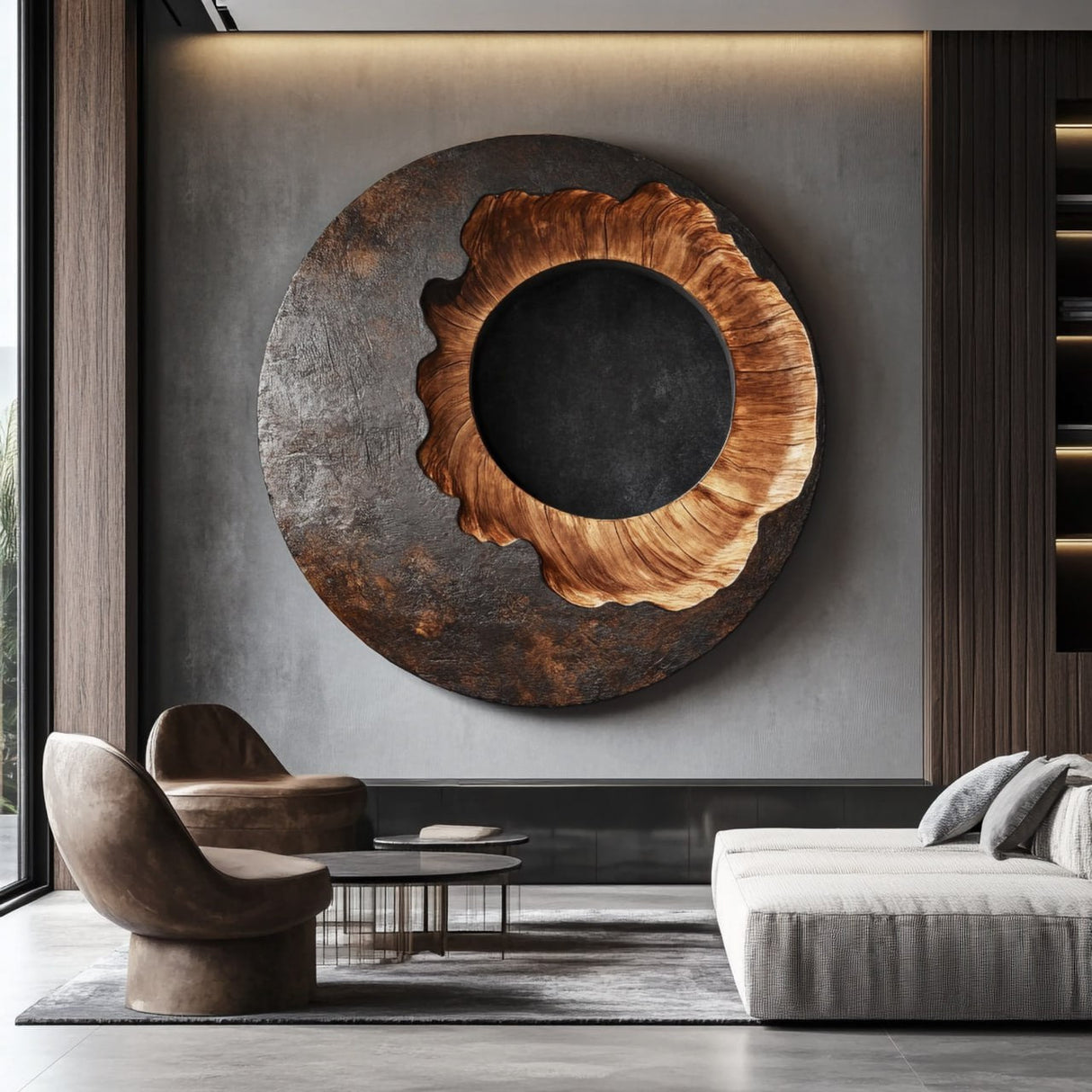 Modern Circular Solid Wood Wall Sculpture for Living Room Interiors