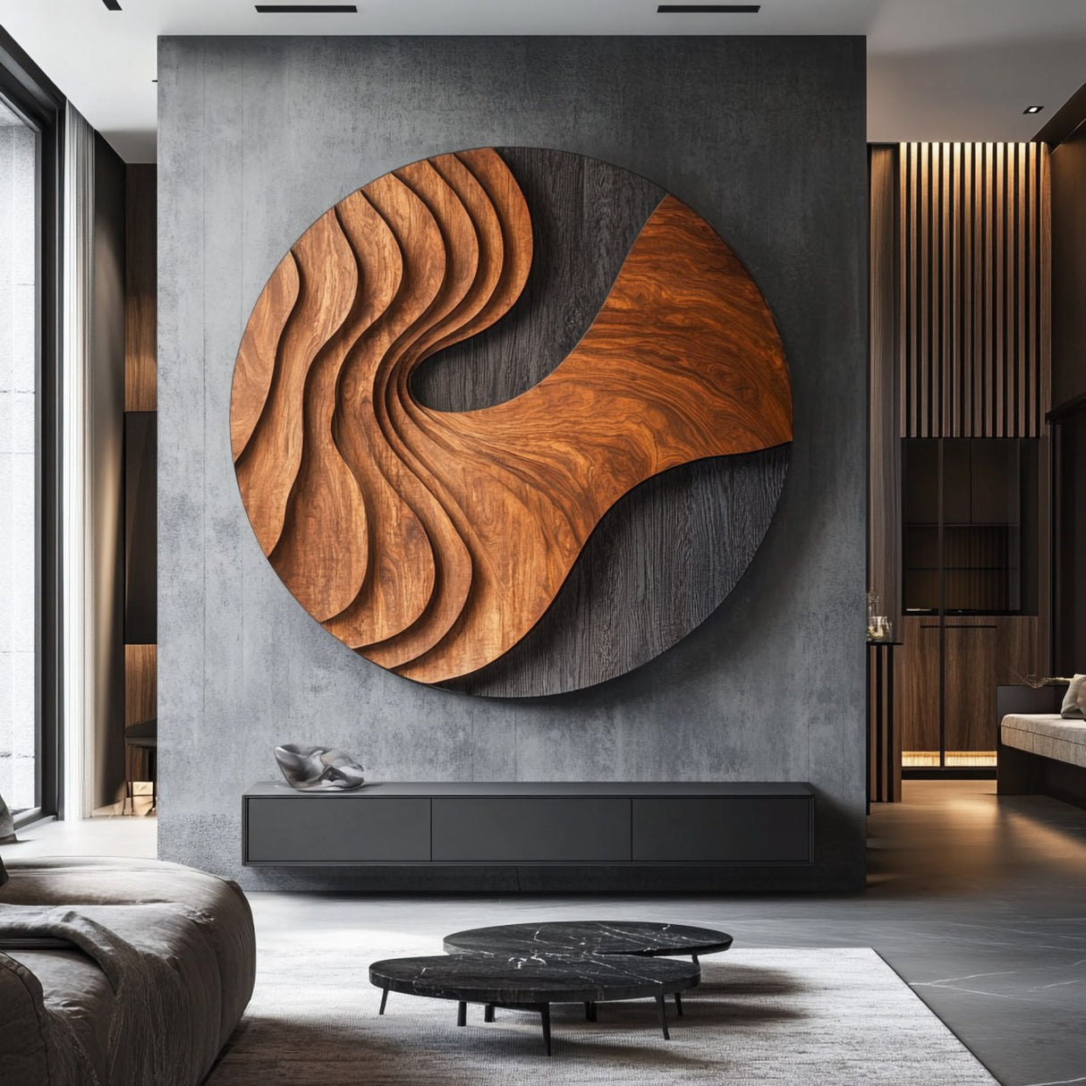 Contemporary Round Solid Wood Abstract Wall Sculpture for Interior Spaces