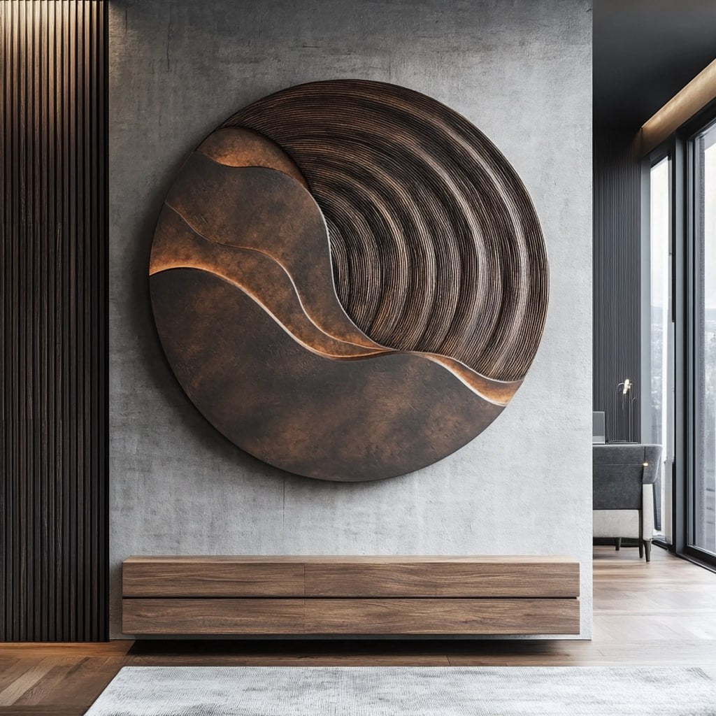 Modern Round Solid Wood Wall Sculpture for Living Room Design