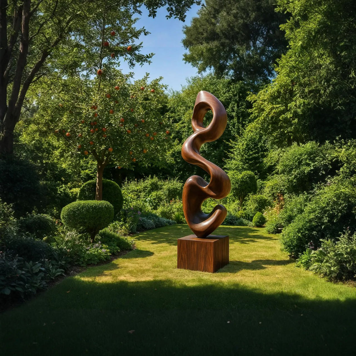 Contemporary Solid Wood Outdoor Sculpture with Fluid Abstract Form