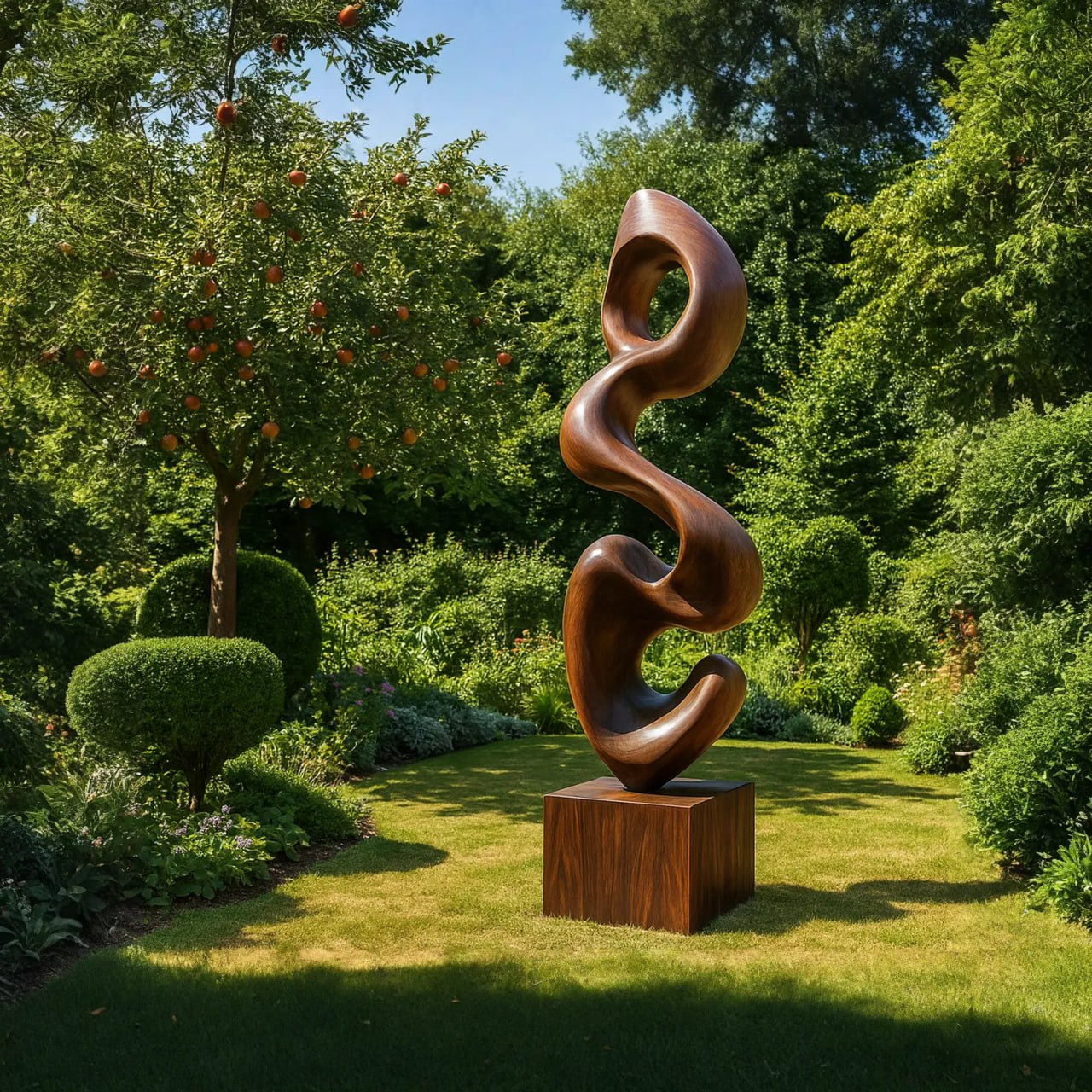 Contemporary Solid Wood Outdoor Sculpture with Fluid Abstract Form
