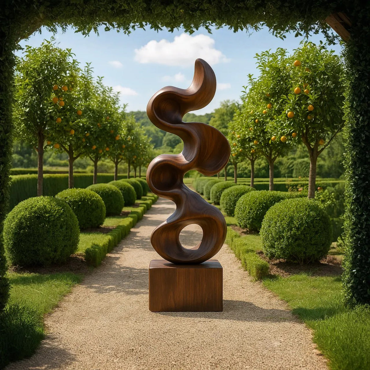 Organic Solid Wood Sculpture with Flowing Abstract Form for Garden Spaces