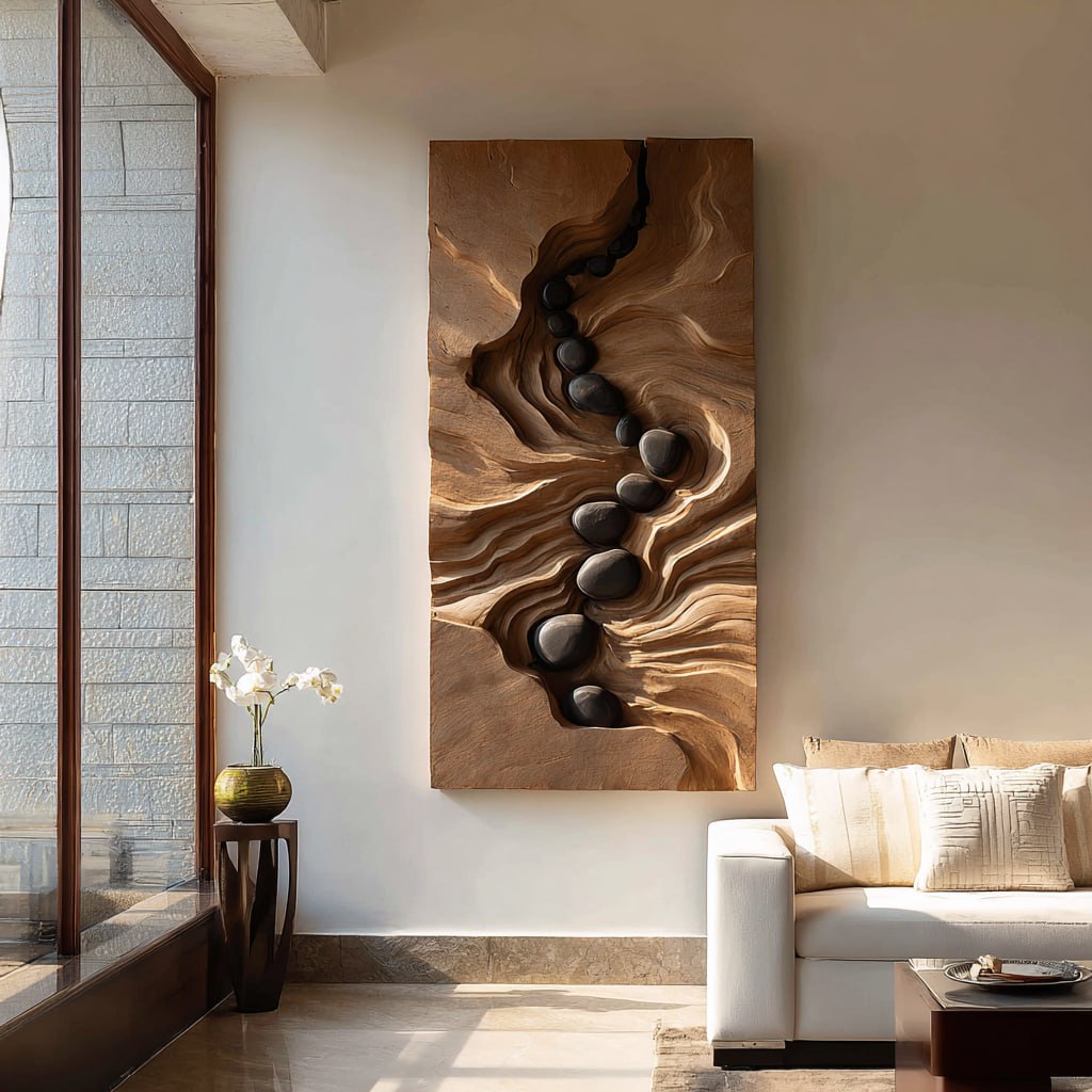 Organic Solid Wood River Flow Wall Sculpture Modern Carved Wall Panel