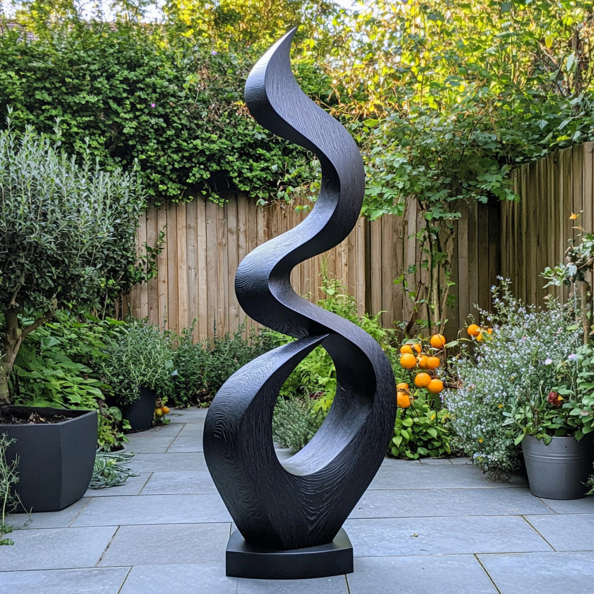 Outdoor Solid Wood Spiral Flame Sculpture for Courtyards, Patios, and Modern Gardens