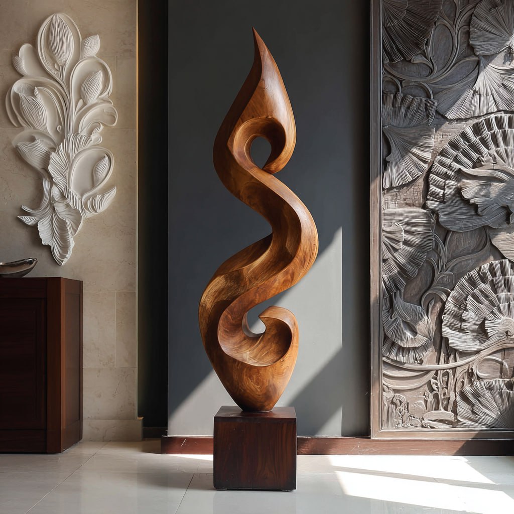 Hand-Carved Organic Flame-Form Solid Wood Sculpture for Modern Interior Spaces