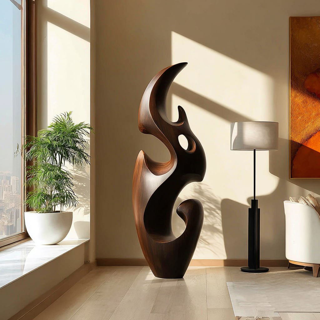 Flowing Abstract Solid Wood Floor Sculpture for Modern Interiors
