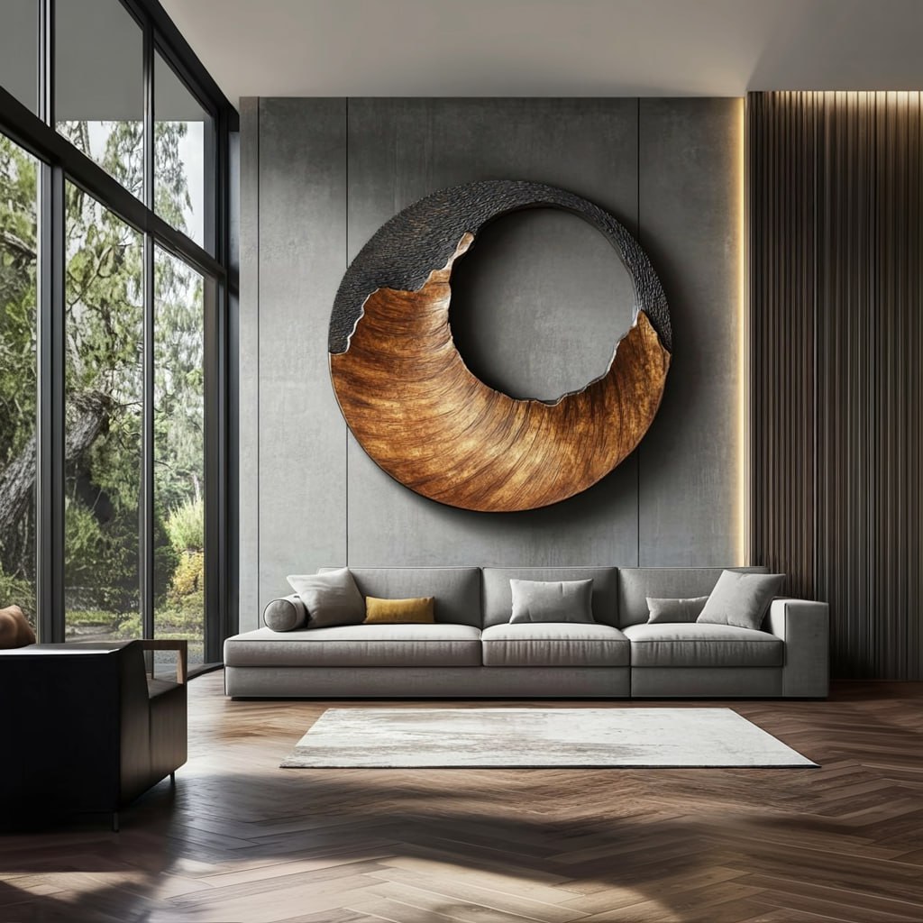 Large Circular Solid Wood Wall Sculpture with Black Crest Wave for Modern Living Rooms