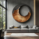Large Circular Solid Wood Wall Sculpture with Black Crest Wave for Modern Living Rooms