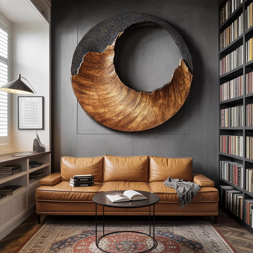 Large Circular Solid Wood Wall Sculpture with Black Crest Wave for Modern Living Rooms