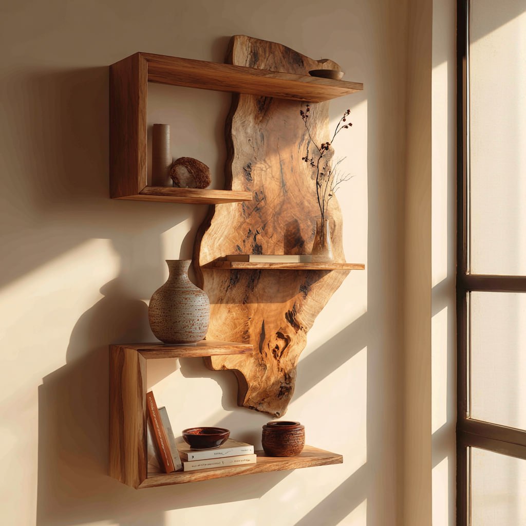 Solid Wood Wall Shelf with Live Edge Frame for Living Room Display