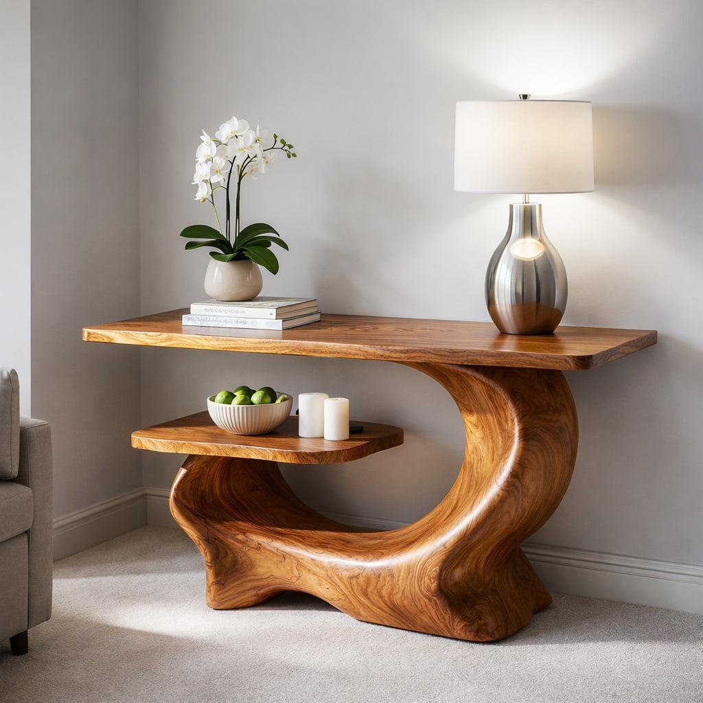 Console Table Solid Wood Sculptural Shelf for Entryway Decor