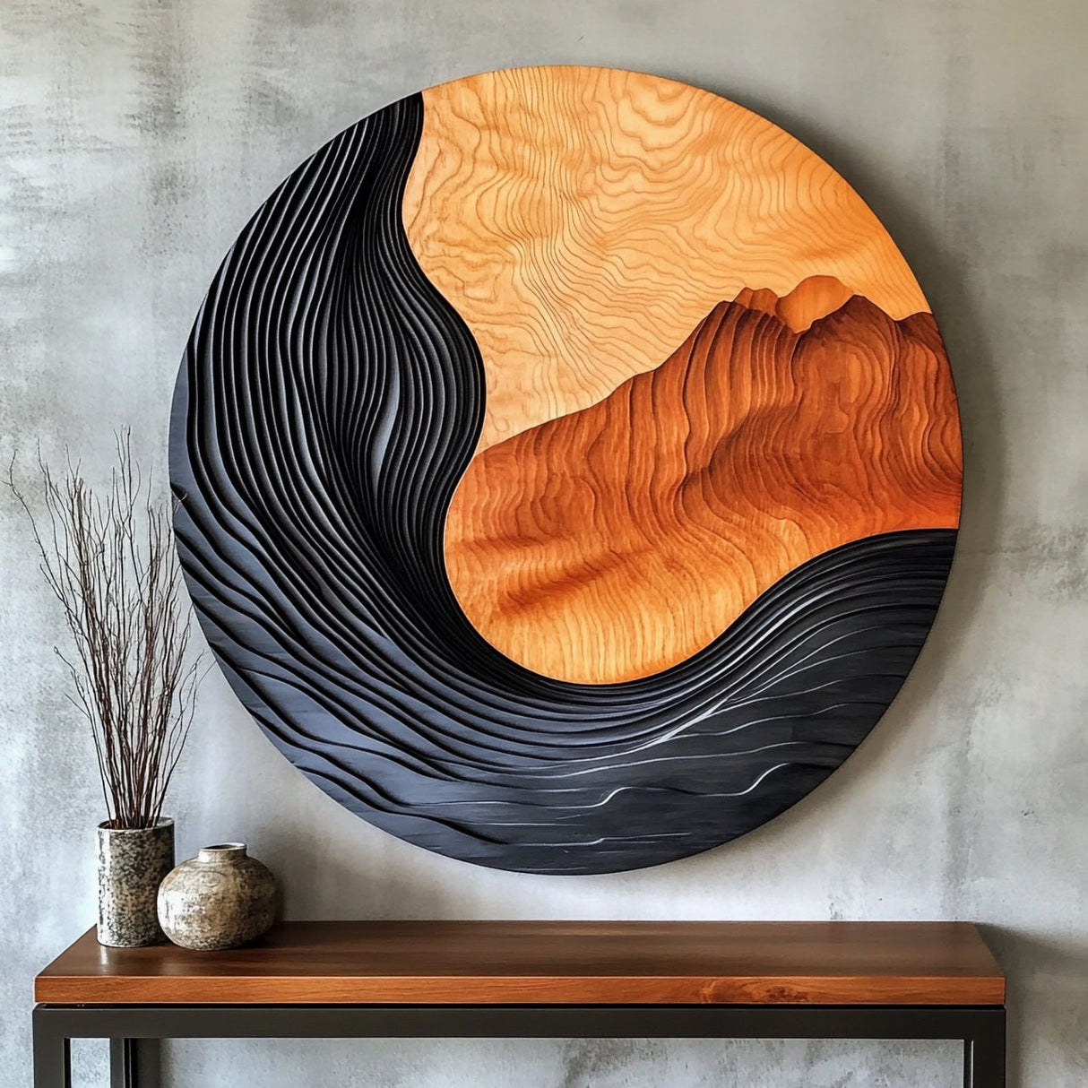 Handcrafted Solid Wood Wall Art with Circular Landscape Relief Design