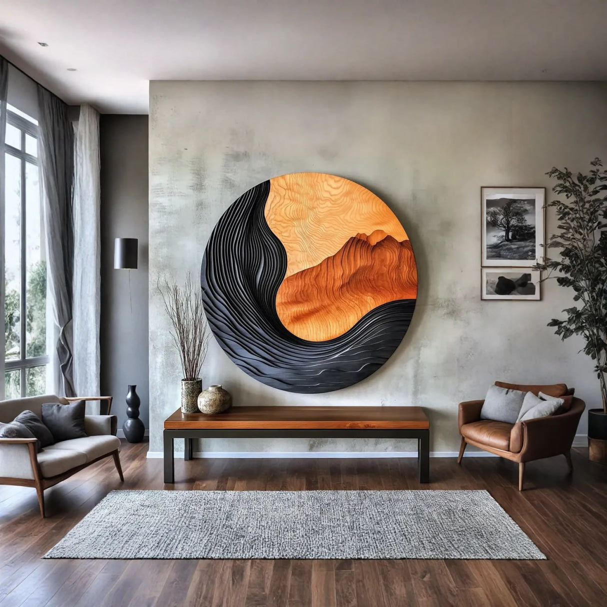 Handcrafted Solid Wood Wall Art with Circular Landscape Relief Design