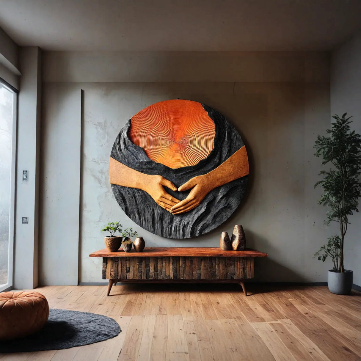 Handcrafted Solid Wood Wall Sculpture with Circular Relief and Joined Hands Motif