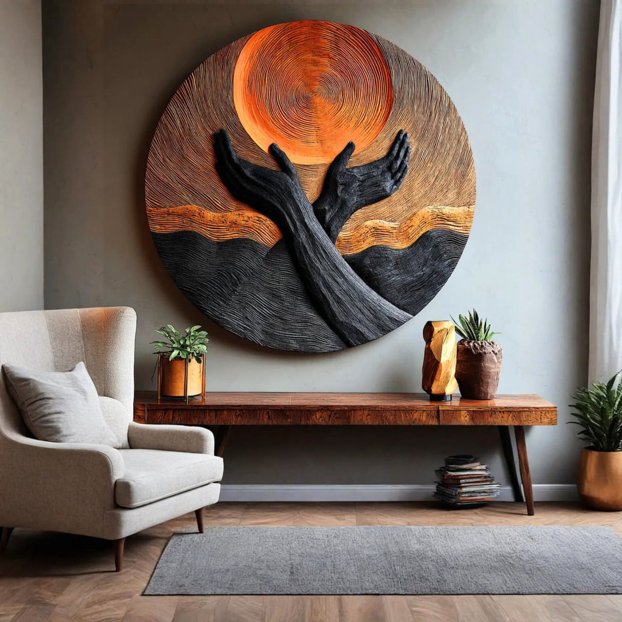 Handcrafted Solid Wood Wall Art with Circular Relief and Rising Hands Motif