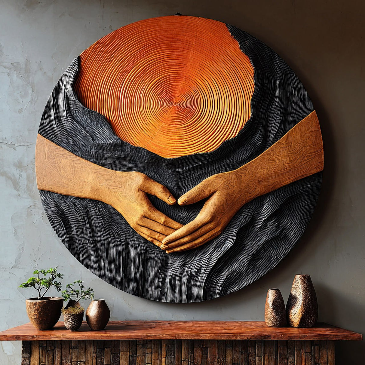 Handcrafted Solid Wood Wall Sculpture with Circular Relief and Joined Hands Motif