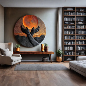 Handcrafted Solid Wood Wall Art with Circular Relief and Rising Hands Motif