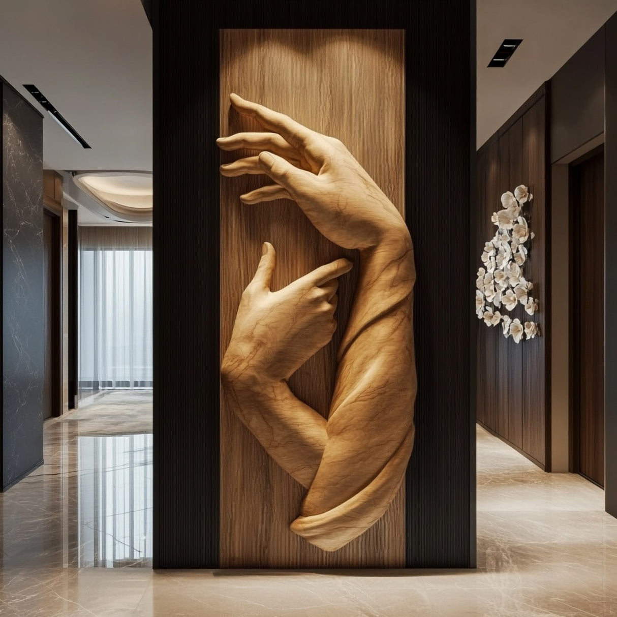 Monumental Solid Wood Wall Sculpture with Intertwined Hands Relief Panel