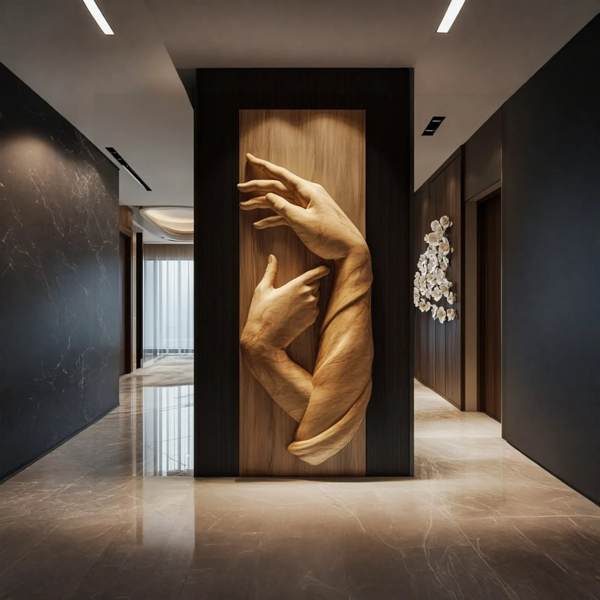 Monumental Solid Wood Wall Sculpture with Intertwined Hands Relief Panel