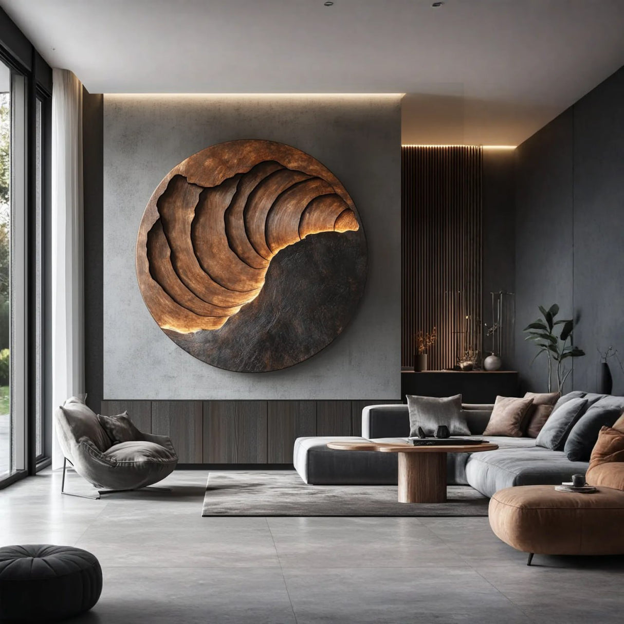 Handcrafted Solid Wood Wall Sculpture with Circular Layered Relief Design